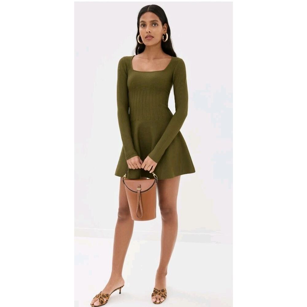 NEW Staud Deora Square Knit Long Sleeve Pleated Mini Dress in Green XS
